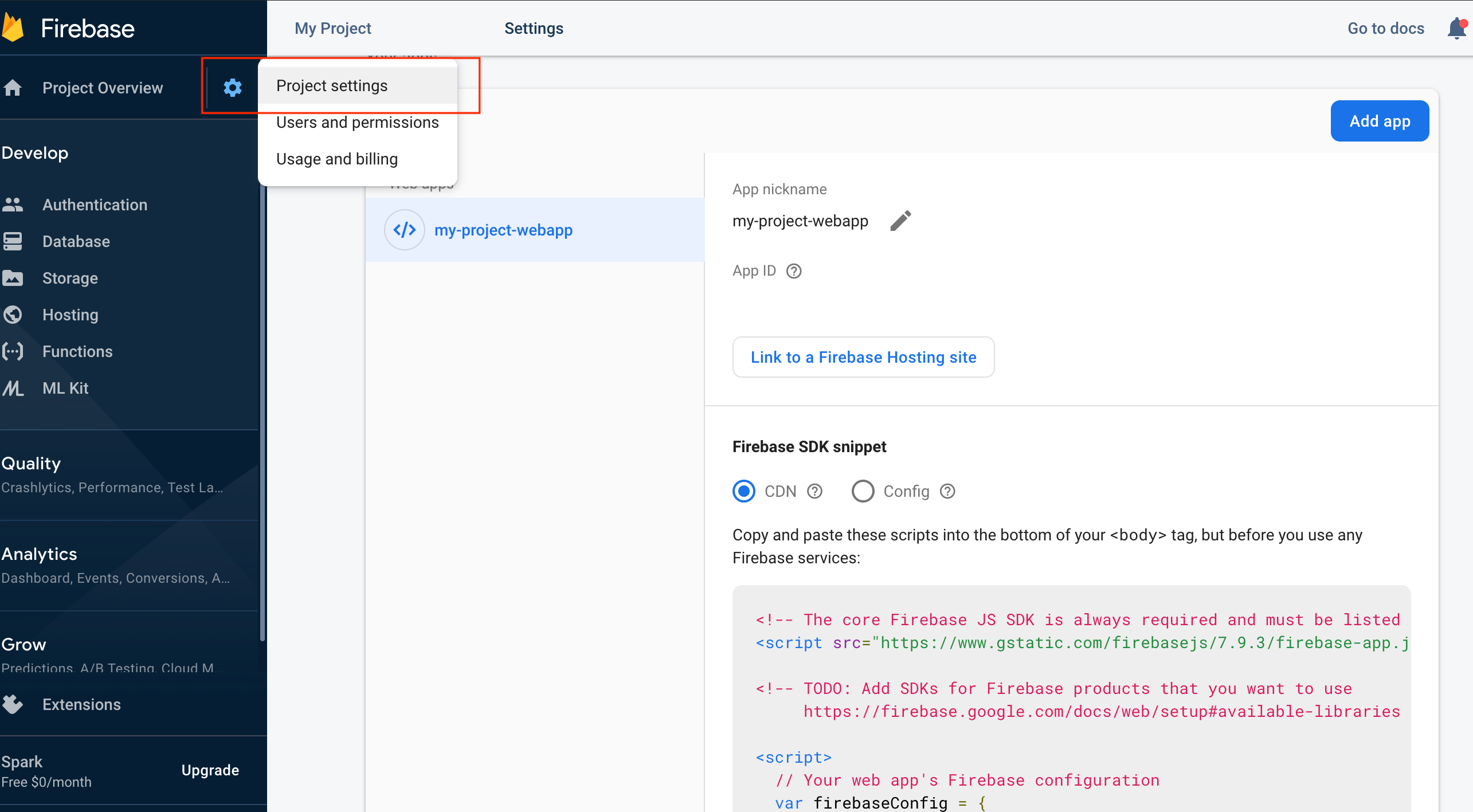 Firebase project setting